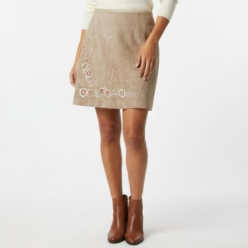 Sutton Studio 100% Leather Suede‎ Embroidered A-Line Skirt Womens 6P Brown Boho